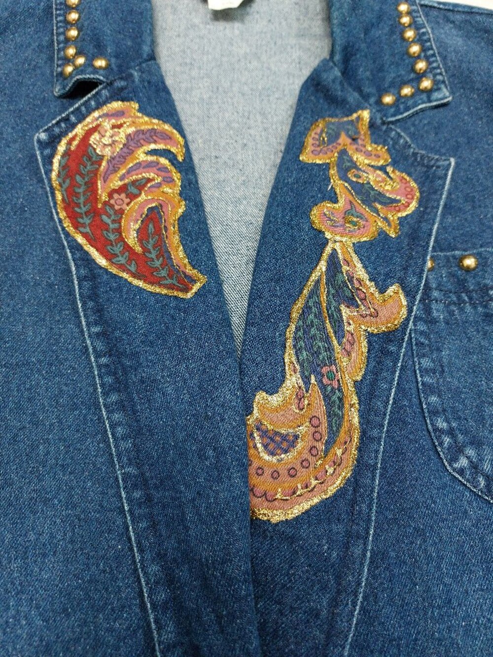 Vintage Bianca Women's Blue Studded Denim Jacket with Embroidered Paisley 10 - Picture 7 of 8
